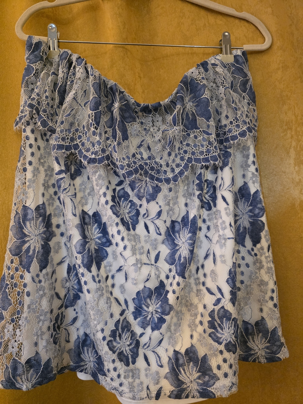 Lane Bryant Blue and White Lace Floral Off-Shoulder Top